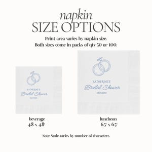 May include: White paper napkins with a blue ring design and text for a bridal shower. The image shows two napkin sizes: beverage (4.8 x 4.8 inches) and luncheon (6.5 x 6.5 inches).