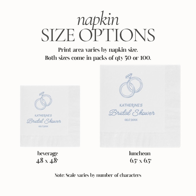 May include: White paper napkins with a blue ring design and text for a bridal shower. The image shows two napkin sizes: beverage (4.8 x 4.8 inches) and luncheon (6.5 x 6.5 inches).
