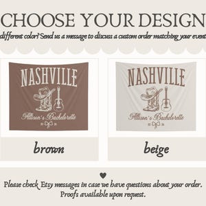 Op de afbeelding: Twee Nashville-thema wandkleden, &eacute;&eacute;n bruin en &eacute;&eacute;n beige, met een cowboyhoed, gitaar en laarzen ontwerp. De tekst luidt "Nashville" en "Allison's Bachelorette". De afbeelding bevat ook de tekst "Kies je ontwerp".