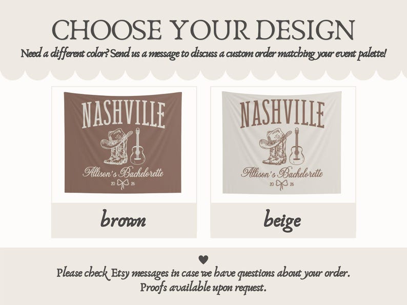 Op de afbeelding: Twee Nashville-thema wandkleden, &eacute;&eacute;n bruin en &eacute;&eacute;n beige, met een cowboyhoed, gitaar en laarzen ontwerp. De tekst luidt "Nashville" en "Allison's Bachelorette". De afbeelding bevat ook de tekst "Kies je ontwerp".