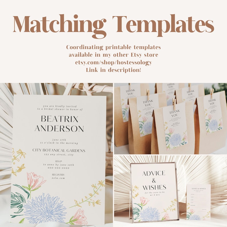 May include: A printable bridal shower invitation with a floral design. The invitation is for Beatrix Anderson and includes the date, time, and location of the shower. The invitation also includes a link to the registry. The invitation is part of a set of matching printable templates, including thank you tags, advice and wishes cards, and a guest book.