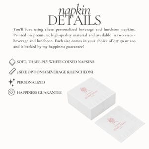 May include: White beverage and luncheon napkins with a floral design and the text "Katherine's Bridal Shower". The napkins are soft, three-ply, and personalized. The image also includes the text "Napkin Details".