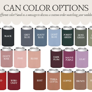 May include: A selection of can cooler colours are displayed, including off-white, black, grey blue, dusty blue, light blue, forest green, moss green, sage green, dusty rose, pink, blush, dark plum, mauve purple, lilac, red, burgundy, rust, terracotta, copper, brown, and beige.