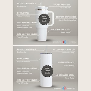 May include: White insulated tumblers with features labeled: BPA-free, double wall, sublimation coating, and 18/8 stainless steel. One tumbler has a handle and holds 40 oz. The other holds 20 oz. Both are travel-friendly.