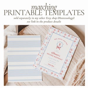 May include: Two printable templates on a wooden surface. One features blue horizontal stripes on a white background. The other is a floral design with the text "RED, WHITE, AND TWO" and "Eleanor's SECOND BIRTHDAY".