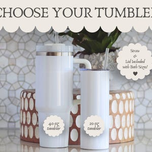 May include: Two white tumblers with straws and lids, one 40 oz and one 20 oz, are displayed. The text "CHOOSE YOUR TUMBLER" is at the top. The image also includes the text "Straw & Lid included with Both Sizes!"