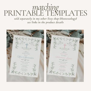 May include: Two printable baptism invitations with a floral design. The invitations are for a boy and a girl. The boy's invitation is blue and the girl's invitation is pink. The text on the invitations reads "Baptism of our son Max Alexander Sun 12 Dec" and "Baptism of our daughter Valentina Louise Sun 12 Dec".