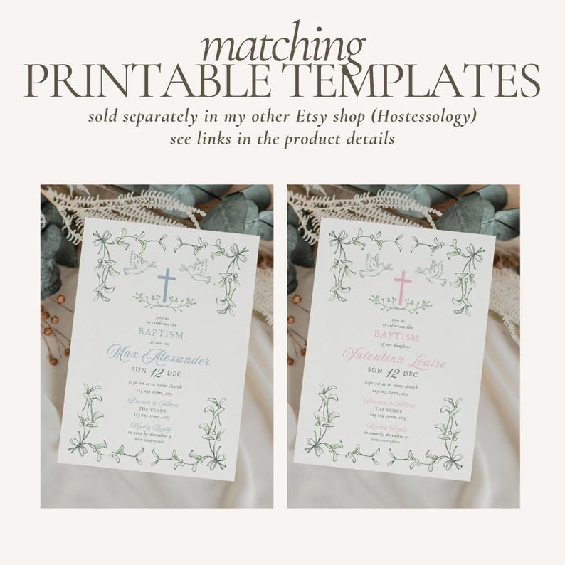 May include: Two printable baptism invitations with a floral design. The invitations are for a boy and a girl. The boy's invitation is blue and the girl's invitation is pink. The text on the invitations reads "Baptism of our son Max Alexander Sun 12 Dec" and "Baptism of our daughter Valentina Louise Sun 12 Dec".