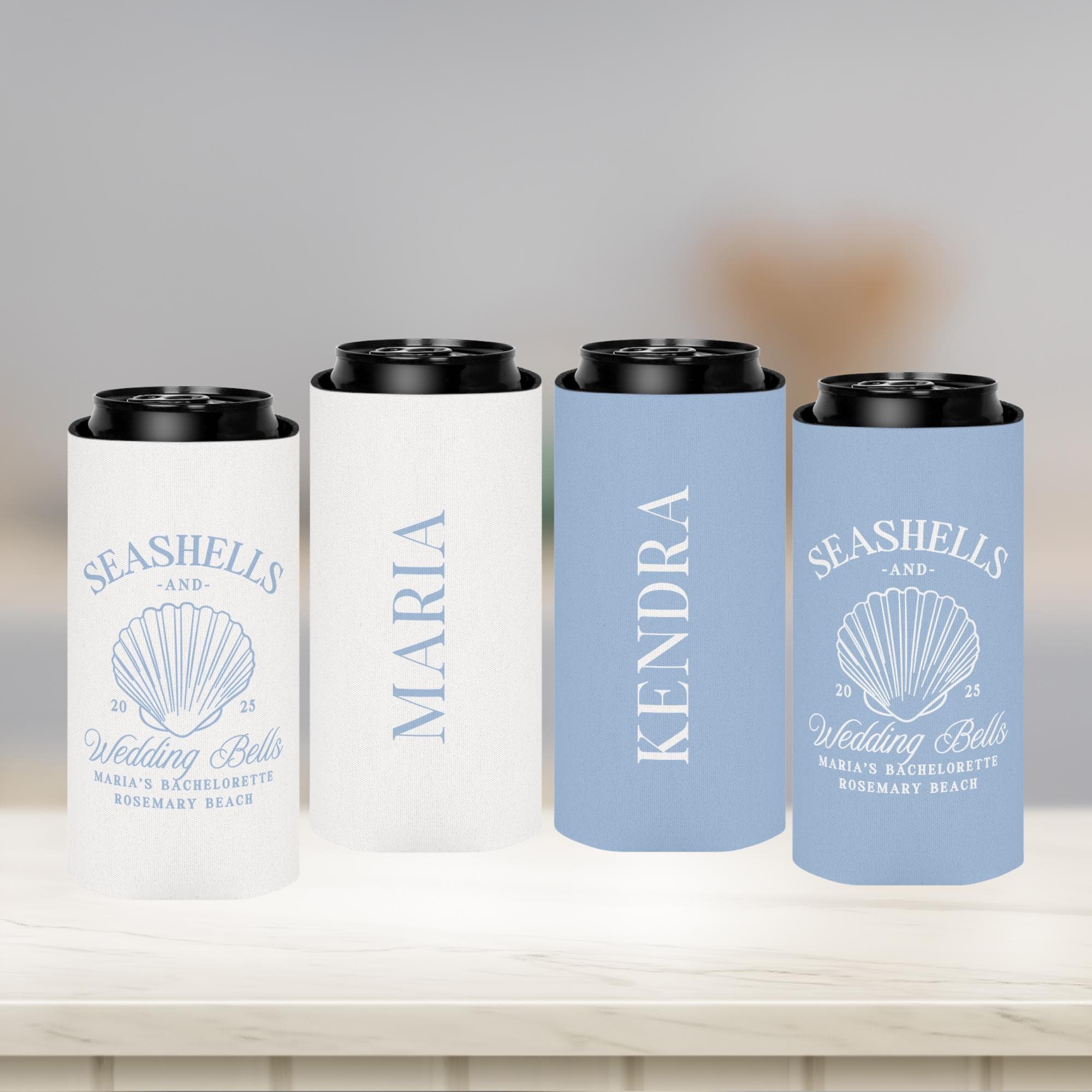 Seashells and Wedding Bells Bachelorette Can Coolers, Personalized Girls Weekend Trip Favors with Name, Custom Can Cooler For Coastal Bach