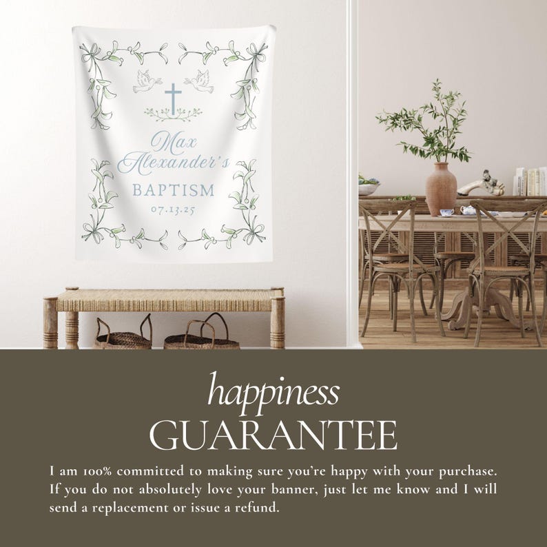 May include: White banner with a floral border and a cross. The text on the banner reads "Max Alexander's Baptism 07.13.25".