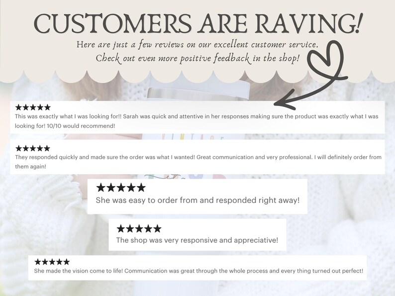 Puede incluir: Imagen con texto "CUSTOMERS ARE RAVING!" y rese&ntilde;as de clientes. Las rese&ntilde;as incluyen frases como "excellent customer service" y "10/10 would recommend!". Una flecha en forma de coraz&oacute;n apunta a las rese&ntilde;as.