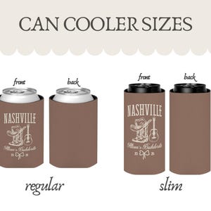 May include: Brown can coolers with "NASHVILLE" text and a cowboy boot, hat, and guitar design. The image shows regular and slim sizes, with front and back views. Text at the bottom reads "Allison's Bachelorette 2026".