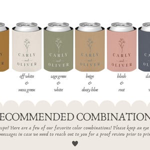 May include: Six can coolers in shades like copper, off-white, and slate blue, each with the names "Carly and Oliver" and a floral motif. The image suggests colour combinations. Measurements are not applicable.