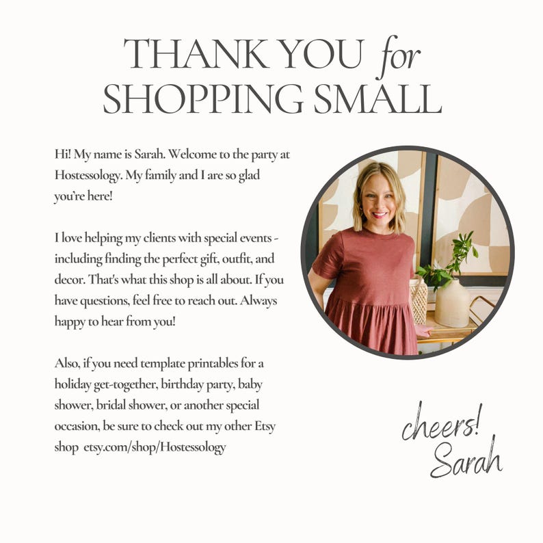 May include: A promotional image with the text "THANK YOU for SHOPPING SMALL." The image includes a photo of a smiling woman in a red dress, and the text "Hi! My name is Sarah..." and "cheers! Sarah" are also included.
