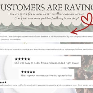 Może przedstawiać: Obraz z recenzjami klient&oacute;w i nagł&oacute;wkiem "CUSTOMERS ARE RAVING!". Recenzje podkreślają doskonałą obsługę klienta. Czerwone serce i strzałka wskazują na recenzje. Recenzje znajdują się w białym polu.