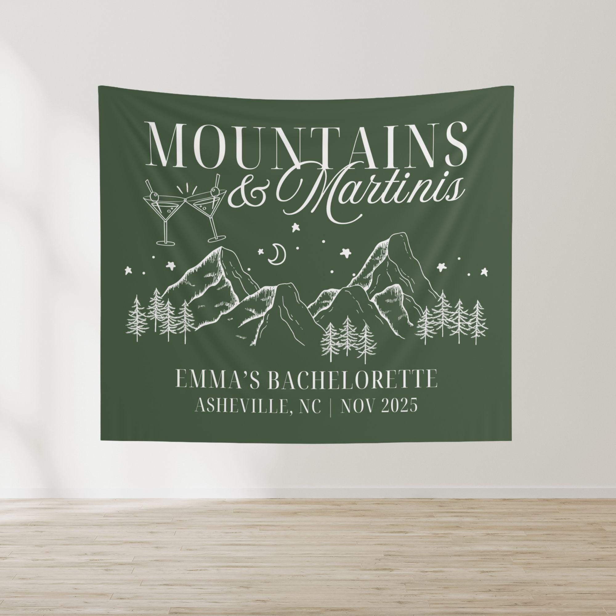 Mountains and Martinis Bachelorette Party Banner, Personalized Girls Weekend Trip Photo Backdrop, Cute Custom Tapestry Winter Ski Bach Decor