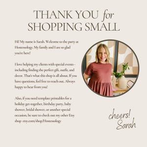 May include: Image with text that reads "THANK YOU for SHOPPING SMALL". A woman in a red dress is in a circular frame. The text also says "Hi! My name is Sarah..." and "cheers! Sarah".
