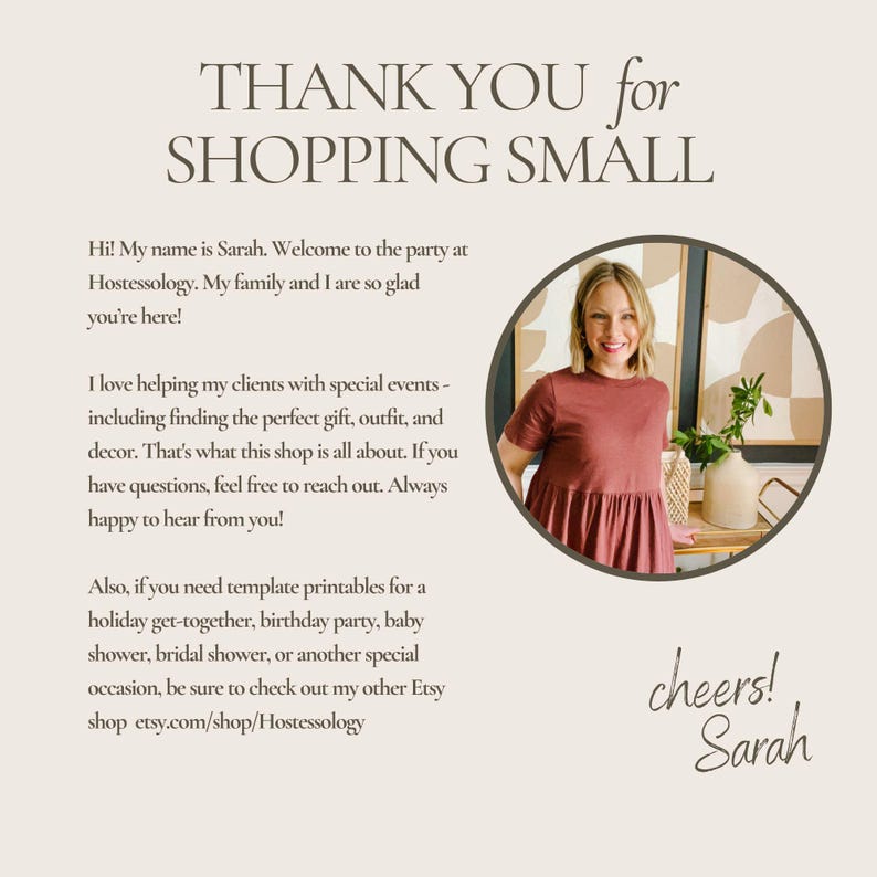 May include: Image with text that reads "THANK YOU for SHOPPING SMALL". A woman in a red dress is in a circular frame. The text also says "Hi! My name is Sarah..." and "cheers! Sarah".