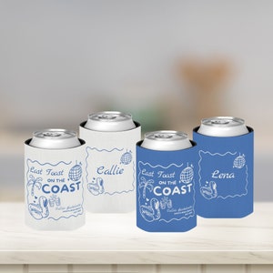 Last Toast On The Coast Beach Bachelorette Can Coolers, Personalized Girls Weekend Trip Favors with Name, Custom Can Cooler For Coastal Bach