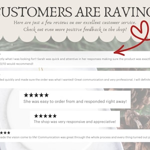 May include: Image featuring customer reviews with the headline "CUSTOMERS ARE RAVING!" and a heart-shaped arrow. Reviews highlight excellent customer service, quick responses, and satisfaction with the products. The text encourages viewers to check for more positive feedback.