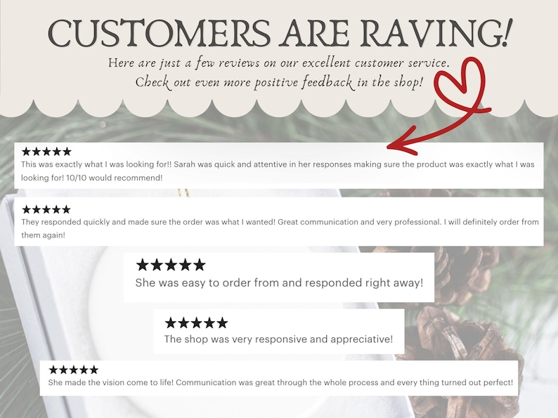 May include: Image featuring customer reviews with the headline "CUSTOMERS ARE RAVING!" and a heart-shaped arrow. Reviews highlight excellent customer service, quick responses, and satisfaction with the products. The text encourages viewers to check for more positive feedback.
