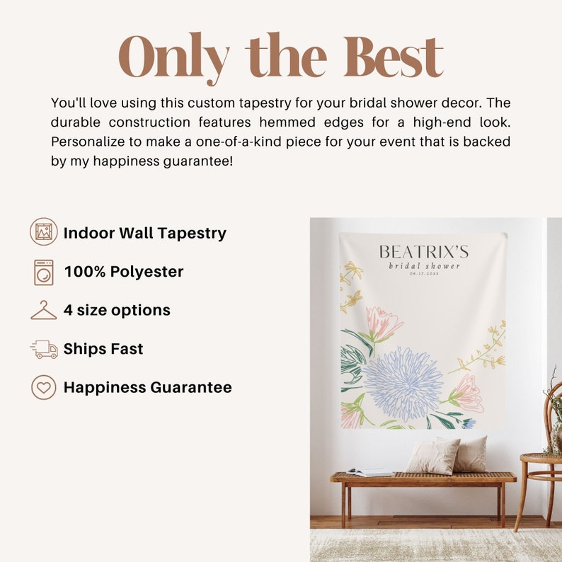 May include: A white tapestry with a floral design in shades of blue, pink, and green. The tapestry has the text "BEATRIX'S bridal shower" at the top.