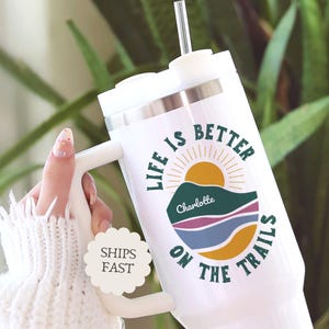 Personalized Hiking Tumbler Gift for Hiker, Custom Hiking Mug with Name, Mountains Hike Tumbler with Handle, Outdoor Hiking Lover Gifts