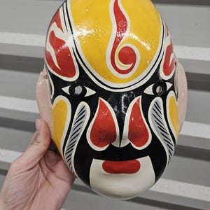 Chinese Opera Theater Paper Mache Hand Painted Face Mask Wall Decor, Signed