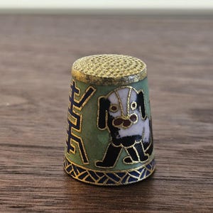 Enamelled Cloisonné blue thimble with dog and flower design, vintage