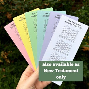 May include: A set of six colorful bookmarks with a New Testament reading plan for 2025. The bookmarks are printed with the names of the books of the New Testament and are arranged in order of reading. The bookmarks are also available as a New Testament only version.