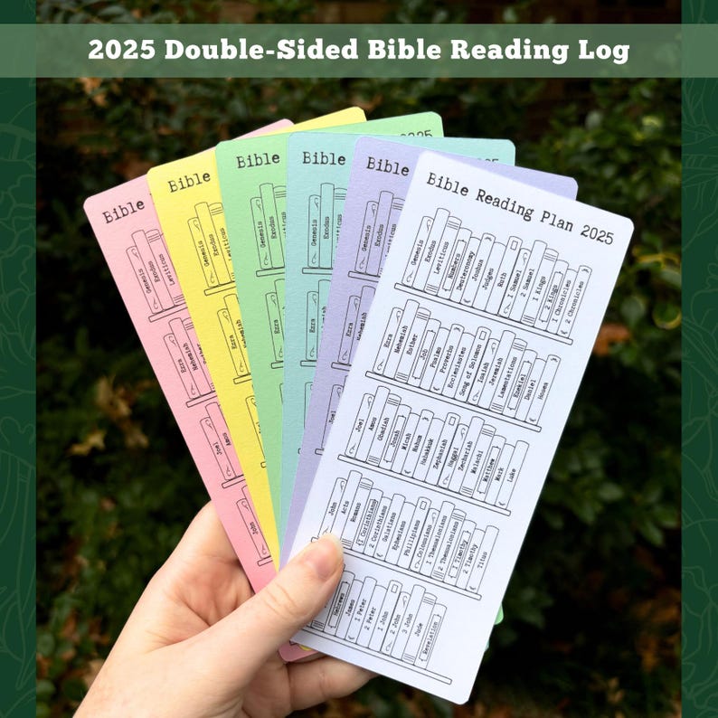 May include: A set of five colorful printable Bible reading logs for 2025. Each log features a different pastel color and a bookshelf design with the names of the books of the Bible listed in order. The text "Bible Reading Plan 2025" is printed on the white log.