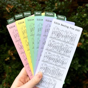 May include: A set of six colorful bookmarks with a Bible reading plan for 2025. Each bookmark features a bookshelf with different books of the Bible listed in order. The bookmarks are labeled with the colors pink, yellow, green, blue, purple, and white.