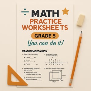 May include: A math practice worksheet for Grade 5 with the text "You can do it!" and measurement data. Includes a pencil, eraser, and a right triangle ruler. The worksheet features a cube with dimensions of 50cm x 6cm x 20cm.