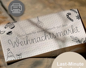 Op de afbeelding: Een witte cadeaubon met zwarte illustraties van kerstversieringen en een kerstboom. De Duitse tekst "Weihnachtsmarkt" is in een sierlijk lettertype geschreven. De woorden "Last-Minute Geschenk" staan onderaan.