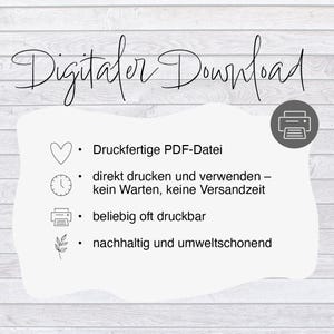 Op de afbeelding: Digitaal downloadpictogram met een printersymbool, een hart, een klok, een printer en een blad. De tekst luidt "Digitaal Download", "Druckfertige PDF-Datei", "direkt drucken und verwenden - kein Warten, keine Versandzeit", "beliebig oft druckbar" en "nachhaltig und umweltschonend".