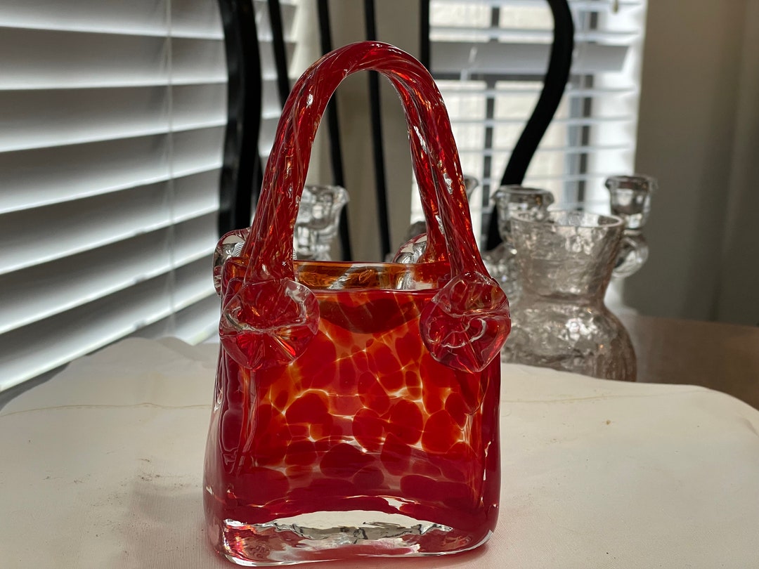 Vintage Murano Art Glass Purse Vase Red Swirl Hand Made No Etsy