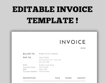 Simple Invoice Template Editable | Printable Invoice | Business Invoice Form | Template Download | Order Form | Small Business | Receipt