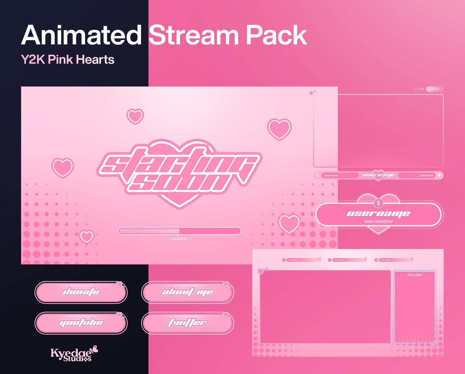 Animated Pink Stream Overlay Package Cute Panels Twitch Overlay Animated Stream Alerts + Transition + Chatbox | Y2K Pink Hearts