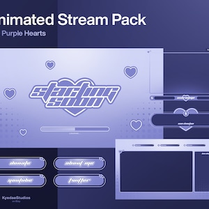Animated Purple Stream Overlay Package Cute Panels Twitch Overlay Animated Stream Alerts + Transition + Chatbox | Y2K Purple Hearts