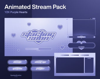 Animated Purple Stream Overlay Package Cute Panels Twitch Overlay Animated Stream Alerts + Transition + Chatbox | Y2K Purple Hearts