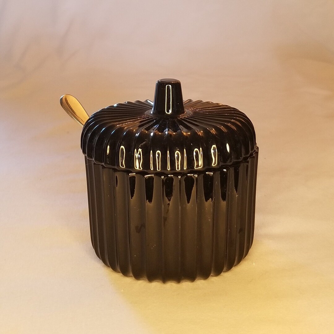 Black Glass - Ribbed Black Glass Covered Condiment Jar - Etsy