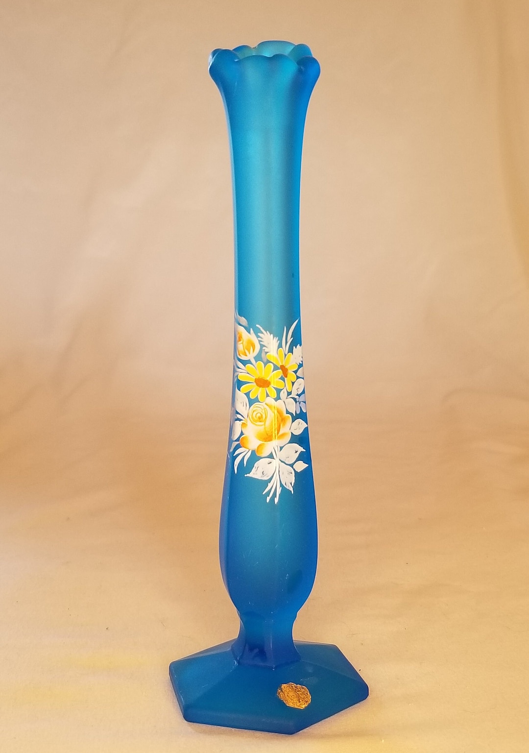 Swung Bud Vase Blue Satin Glass Hand Painted Etsy