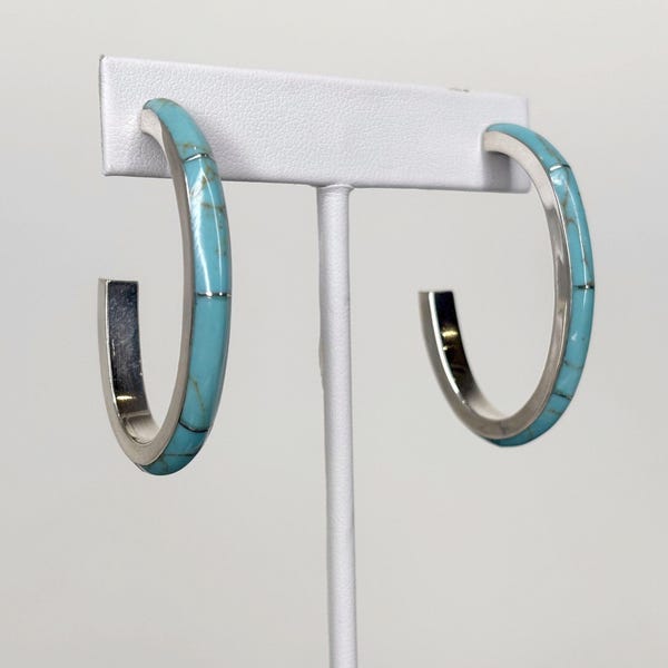 Turquoise Hoop Earrings: Sterling Silver, Zuni-Inspired