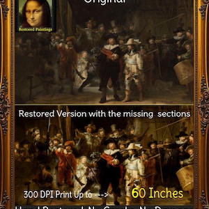 Pode incluir: Uma impressão emoldurada de uma pintura restaurada, apresentando um grupo de figuras em trajes históricos. A imagem inclui o texto "Original", "Versão restaurada", "Impressão 300 DPI até ---> 152 cm", e "Restaurado à mão - Sem rachaduras - Sem danos". A moldura é ornamentada.