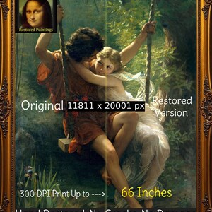 Puede incluir: Una impresión enmarcada de una pintura clásica, dividida en versiones original y restaurada. La obra representa a una pareja en un columpio en un entorno forestal. El texto incluye "Original", "Versión restaurada" y "167.64 cm". El marco es ornamentado.