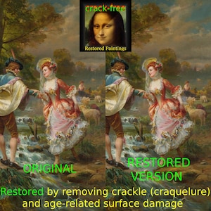 May include: A comparison of an original and restored painting. The restored image depicts a couple in 18th-century clothing, with text highlighting the removal of crackle and age-related damage. A Mona Lisa image is in the top corner.