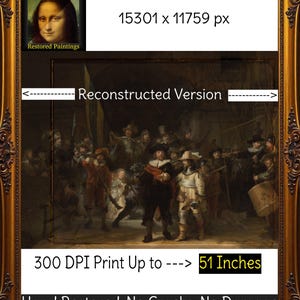 Puede incluir: Una impresión enmarcada de una versión reconstruida de una pintura, que representa un grupo de figuras con vestimenta histórica. La impresión se anuncia como de 130 cm de tamaño, con el texto "Hand Restored-No Cracks-No Damage". La imagen incluye el texto "Restored Paintings".