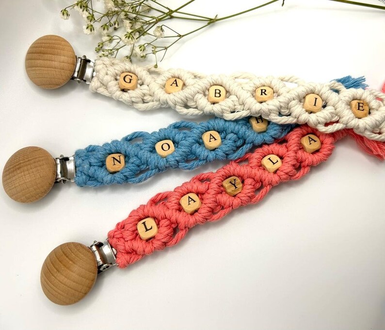 Macrame Personalized Pacifier Clip, Custom Pacifier Holder, Newborn Gift, Boho Baby Gift, Baby