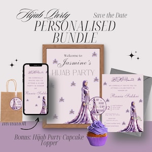 Pacchetto personalizzato festa Hijab, decorazione festa Hijab stampabile, invito festa Hijab video mobile, cupcake Topper, Hijab è la mia festa corona