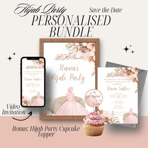 Hijab Party personalisiertes Bundle, druckbares Hijab Party Dekor, Mobile Video Hijab Party-Einladung, Cupcake Topper, Hijab ist meine Kronenparty